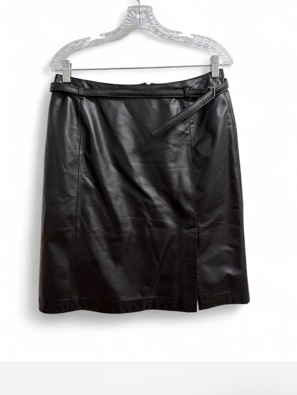 LOFT Black Leather Pencil Skirt with Slim Belt Detail Size 10 Zipper Closure